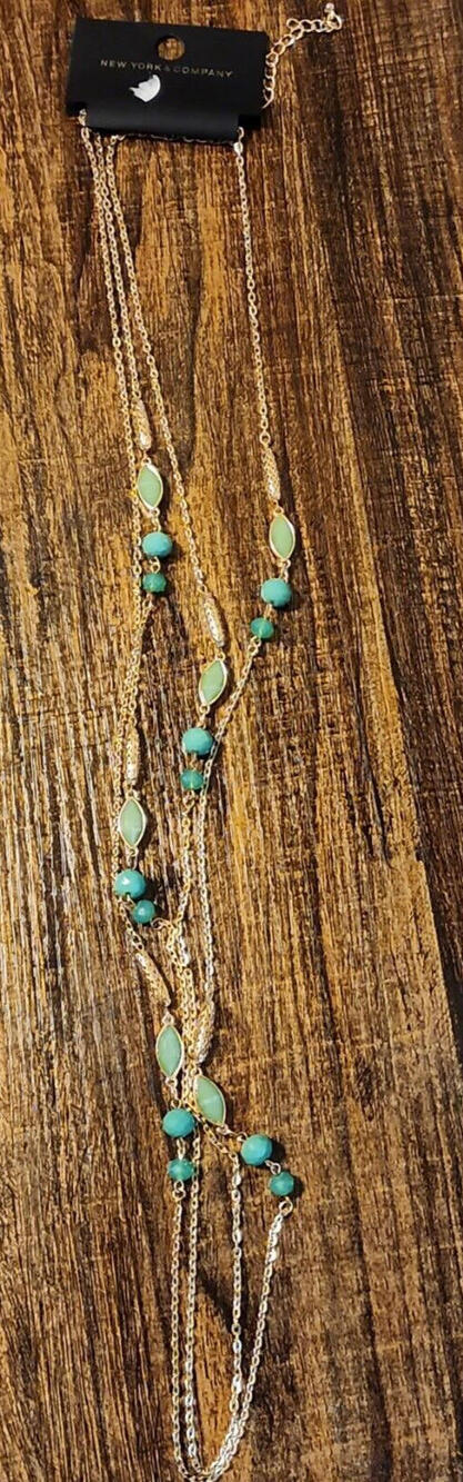 New York & Company Elegant Multi-Chain Statement Necklace - Gold Tone & Green